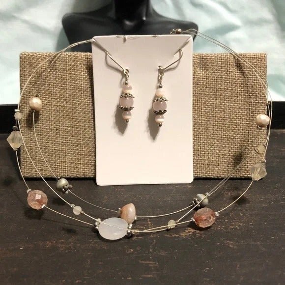 Beaded Layered Wire Necklace & Dangle Pierced Earrings Set - Picture 2 of 5